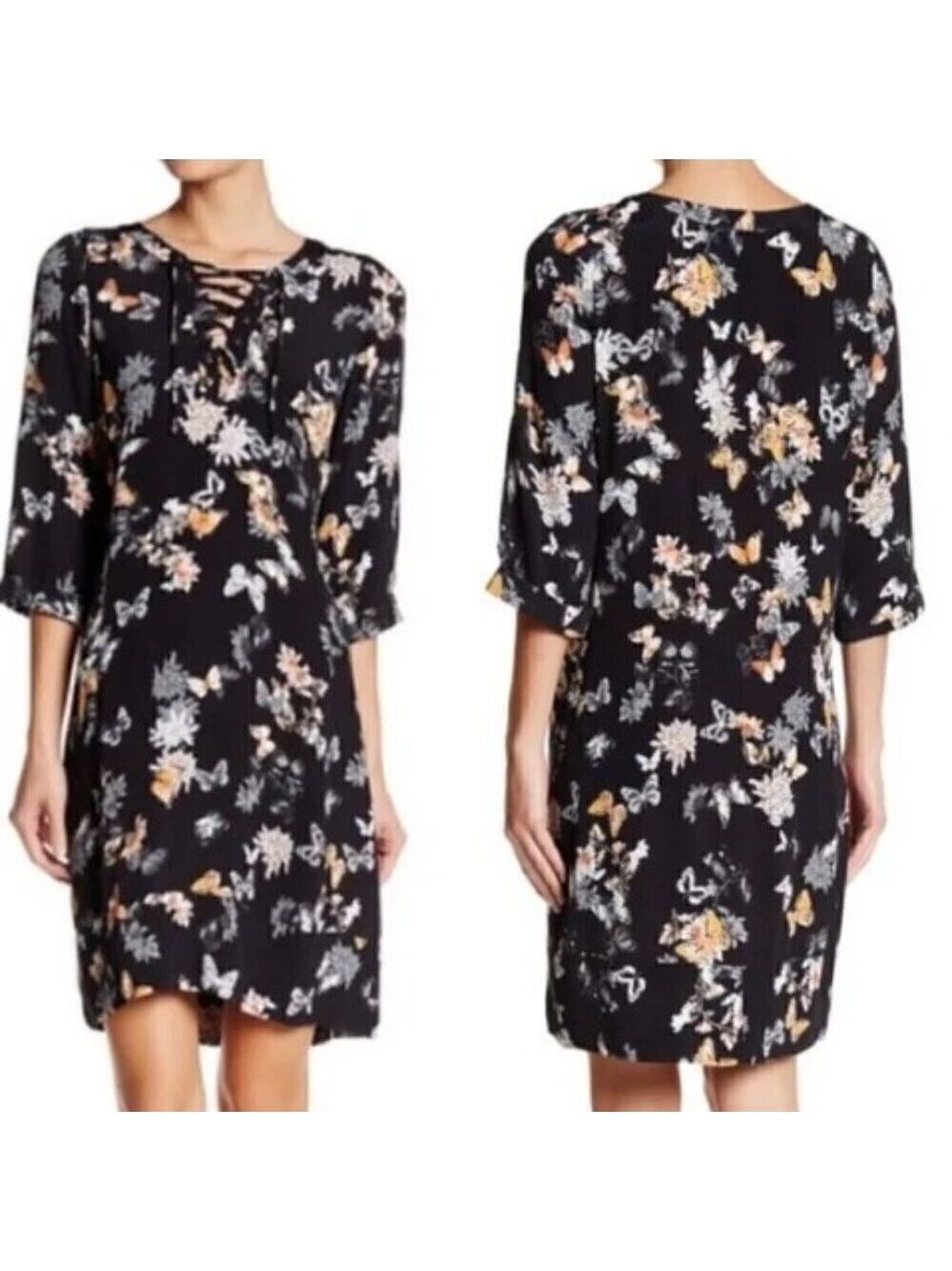 The Kooples Flower and Butterfly Print Shift Lace Up Front Dress Size 4